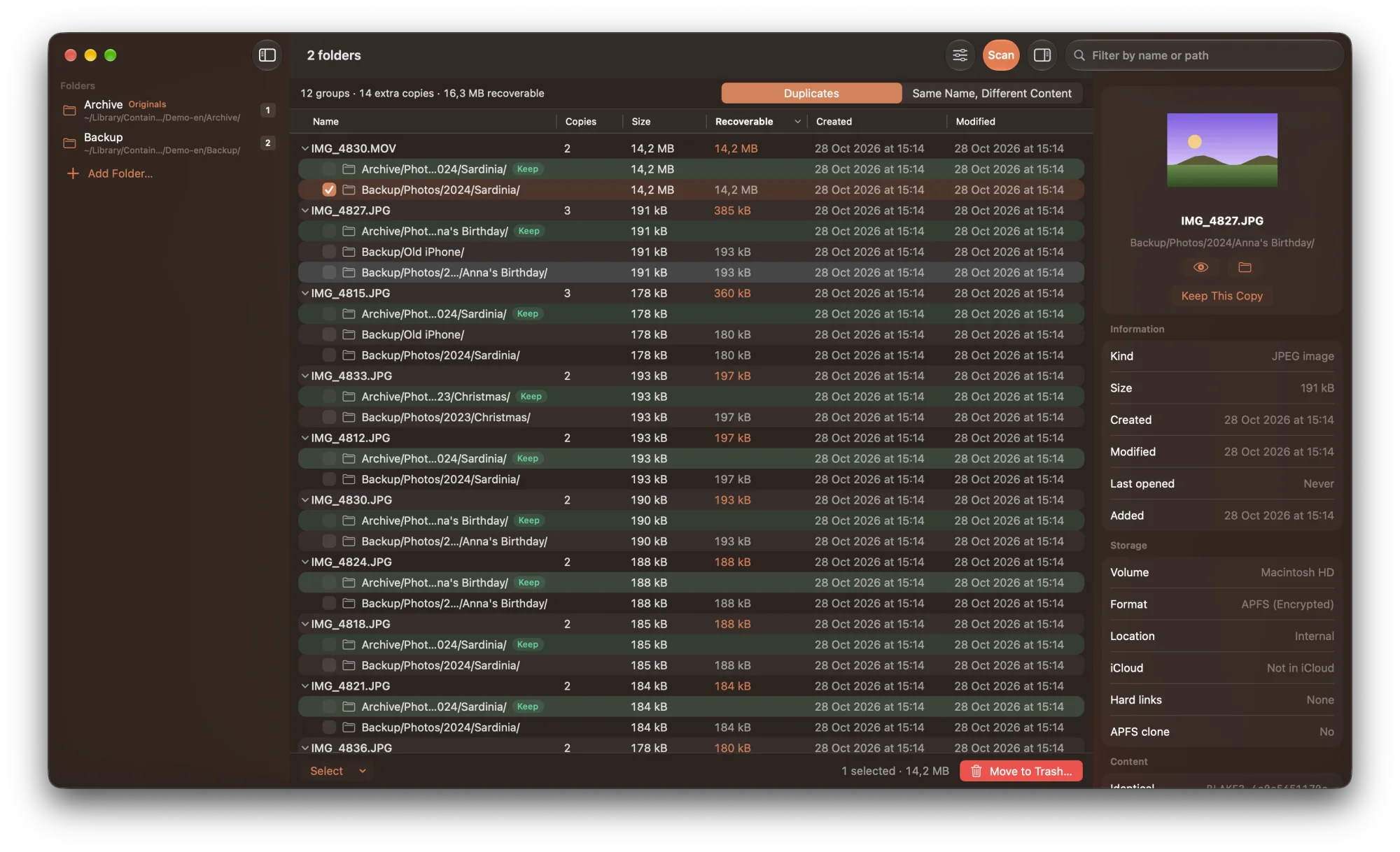 Ambarussa: duplicate photos and a video grouped by name, the kept copy marked Keep, one copy ticked for the Trash, and the inspector showing the selected photo